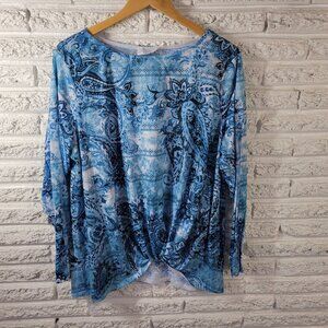 Time Tru Womens Top XXXL 22 Plus Tee Long Sleeve Blue Paisley Polyester PAI23XE